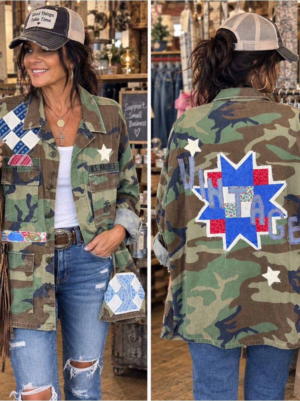 Vintage Authentic UpCycled Recycled Camouflage Military Jacket Coat with Boho